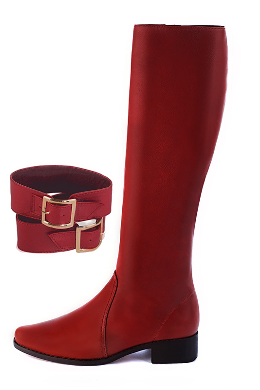 Scarlet red women's calf bracelets, to wear over boots. Top view - Florence KOOIJMAN